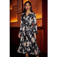 Yumi Women's Black Floral Satin Pleated Midi Dress | Size: 14