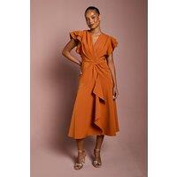 Coast Women's Petite Short Sleeve V Neck Wrap Front Midi Dress in Rust | Size: 10
