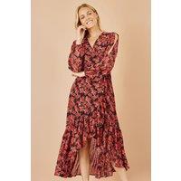Yumi Women's Red Rose Print Dipped Hemline Midi Dress With Open Long Sleeves | Size: 16