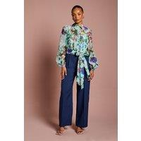 Coast Women's Petite Printed Blouson Sleeve Pintuck Detail Wide Leg Jumpsuit in Sage | Size: 8