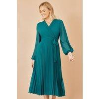 Yumi Women's Teal Pleated Wrap Midi Dress With Sheer Long Sleeves | Size: 14