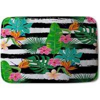 Benjamin Tate Design Tropical Plants on Black & White Stripes Designer Bathmat
