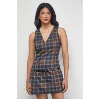 Warehouse Women's Check V Neck Belted Pinafore Mini Dress in Brown | Size: 10