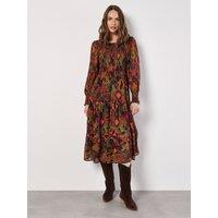 Apricot Women's Ikat Chiffon Smocked Midi Dress in Khaki | Size: 10