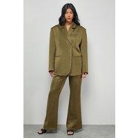Warehouse Women's Premium Satin Clean Waistband Flare Trousers Co-ord in Olive | Size: 16
