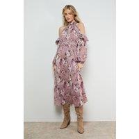 Oasis Women's Cold Shoulder Ruffle Halterneck Midi Dress in Floral | Size: 10