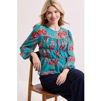 Dorothy Perkins Women's Floral Sheer Yoke Printed Chiffon Shirred Top | Size: 10