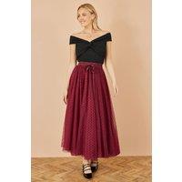 Yumi Women's Burgundy Mesh Heart Print Tulle Skirt | Size: 12