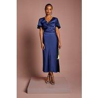 Oasis Women's Petite Satin Twist Angel Sleeve Midi Bridesmaid Dress in Navy | Size: 10