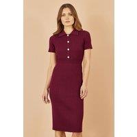 Yumi Women's Burgundy Fitted Rib Knitted Midi Dress With Daisy Buttons | Size: Large