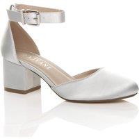 AJVANI Women's Mid Block Heel Ankle Strap Satin 2 Part Heels in Silver | Size: 5