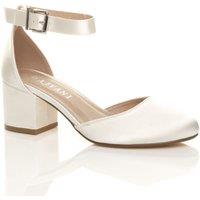 AJVANI Women's Mid Block Heel Ankle Strap Satin 2 Part Heels in Ivory | Size: 8