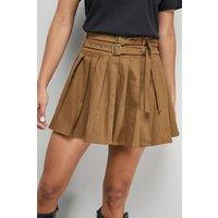 Warehouse Women's Pleated Double Belt Mini Skirt in Camel | Size: 10
