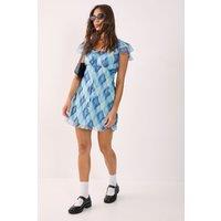 NastyGal Women's Crinkle Chiffon Check Tie Front Fluted Sleeve Mini Dress in Blue | Size: 6