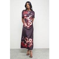 Warehouse Women's Placement Print Crinkle Satin Ruched Midi Dress in Floral | Size: 10