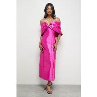 Warehouse Women's Satin Twill Notch Front Bardot Midi Dress in Pink | Size: 10