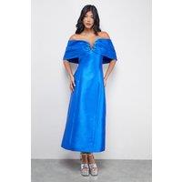 Warehouse Women's Satin Twill Notch Front Bardot Midi Dress in Cobalt | Size: 10