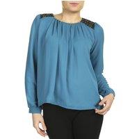 Cutie London Women's Pleated Neckline Long-Sleeve Top in Teal | Size: 8