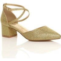 AJVANI Women's Mid Block Heel Crossed Strap Pointed Toe Glitter Mesh 2 Part Heels in Gold | Size: 6