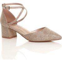 AJVANI Women's Mid Block Heel Crossed Strap Pointed Toe Glitter Mesh 2 Part Heels in Rose Gold | Size: 5
