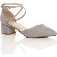 AJVANI Women's Mid Block Heel Crossed Strap Pointed Toe Faux Suede 2 Part Heels in Grey | Size: 4