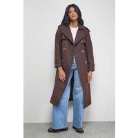 Warehouse Women's Wool Mix Belted Trench Coat in Chocolate | Size: 14