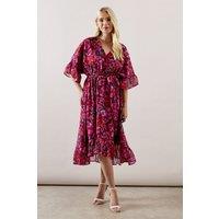 Wallis Women's Petite Occasion Floral Belted Chiffon Midi Dress in Pink | Size: 8