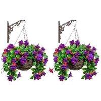 Primrose Pair of Artificial Fuchsia Flowers Rattan Hanging Basket Decoration Purple 25cm in Green