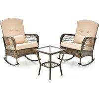 Gymax 3 PCS Outdoor Rocking Chair Set PE Rattan Chairs & Glass Side Table in Beige | Size: 3 Pack