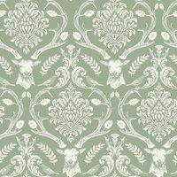 Arthouse Stag Damask Wallpaper in Green