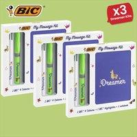 Bic My Message Dreamer Kit - Stationery Kit with 1 Ballpoint Pen 4 Colours/ 1 Highlighter Grip Green/ 1 A6 White Notebook, Multicolor, 3 Packs