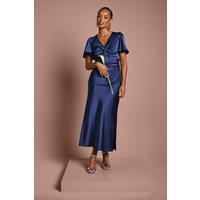 Petite Satin Twist Angel Sleeve Midi Bridesmaid Dress