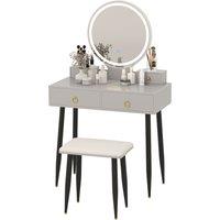 Gymax Dressing Table With Stool LED Lighted Mirror Vanity Desk With Drawers in Grey
