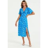 FS Collection Women's Green Floral Print Angel Sleeve Midi Dress In Blue | Size: XS