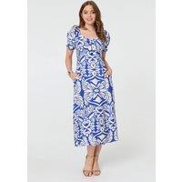 Izabel London Women's Printed Puff Sleeve A-Line Midi Dress in Blue | Size: 16