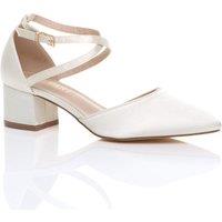 AJVANI Women's Mid Block Heel Crossed Strap Pointed Toe Satin 2 Part Heels in Ivory | Size: 6