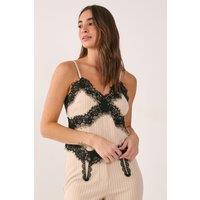 NastyGal Women's Pinstripe Lace Trim Tailored Strappy Top Co-ord in Ecru | Size: Large