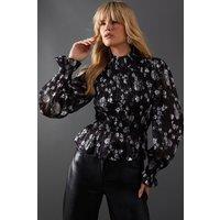 Warehouse Women's Satin Shadow Stripe Shirring Peplum Hem Top in Mono | Size: 8