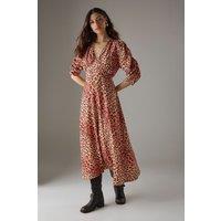 Warehouse Women's Viscose Leopard V Neck Puff Sleeve Midi Dress | Size: 8