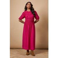 Oasis Women's Shirred Bodice Puff Sleeve Midi Dress in Pink | Size: 8