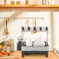Xample 2-Tier Dish Drying Rack with Draining Board Plate Bowl Cup Sink Utensil Holder in Black