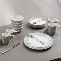 Orsina 16 Piece White & Grey Marble Effect Dinner Set, Porcelain Dinnerware Bowls & Side Plates, Glazed Crockery Set