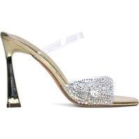 XY London Women's 'Lois' Square Open Toe Rhinestone Perspex High Heeled Mules in Gold | Size: 4