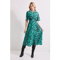 Dorothy Perkins Women's Green Animal Twist Front Angel Sleeve Midi Dress | Size: 10