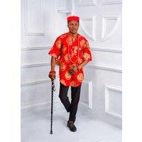 JTAPHRIQUE Men's Red & Gold Men's African Traditional Embroidery Shirt | Size: 3XL
