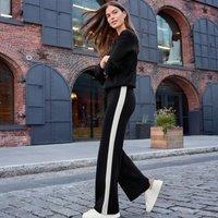 Lands' End Women's Petite Sweater Knit Side Stripe Wide Leg Trousers in Black | Size: 14-16R