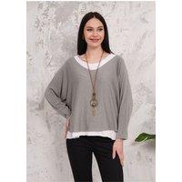 HOXTON GAL Women's Oversized Long Sleeves Layered Blouse With Necklace in Light Brown