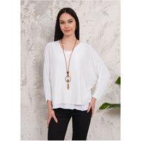 HOXTON GAL Women's Oversized Long Sleeves Layered Blouse With Necklace in White
