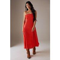 Warehouse Women's Petite Satin Lace Trim Detail Godet Strappy Midi Dress in Orange | Size: 6