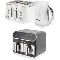 Geepas 8L Dual Basket Air Fryer, 1.7L Kettle & 4 Slice Toaster Appliances Set in White